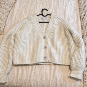 Zara Cream Chunky Ribbed V-Neck Button Cardigan